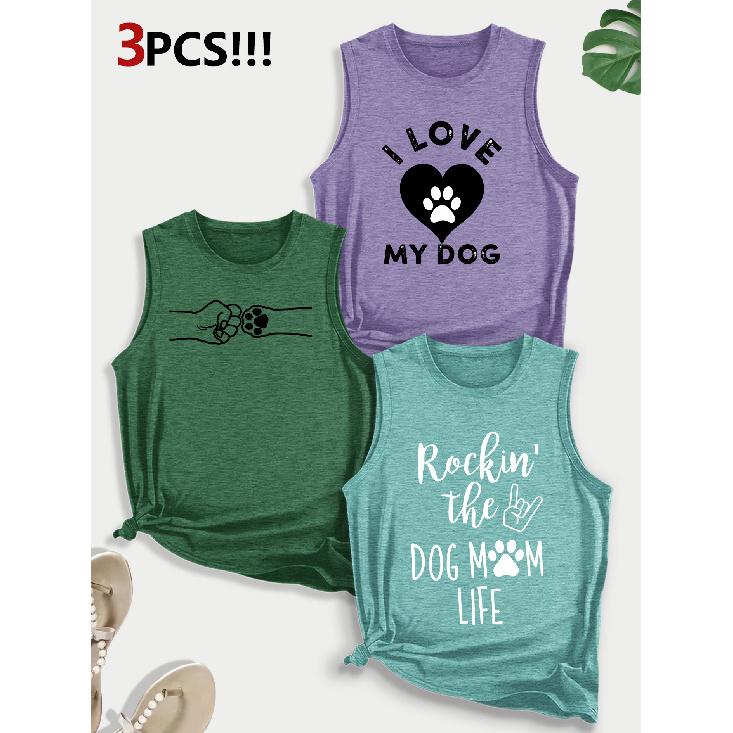 Dog Lover Paw Print Combination Gift Printed Pattern Round Neck3Pack of Sleeveless Vests for Women In Spring, Summer, and Autumn