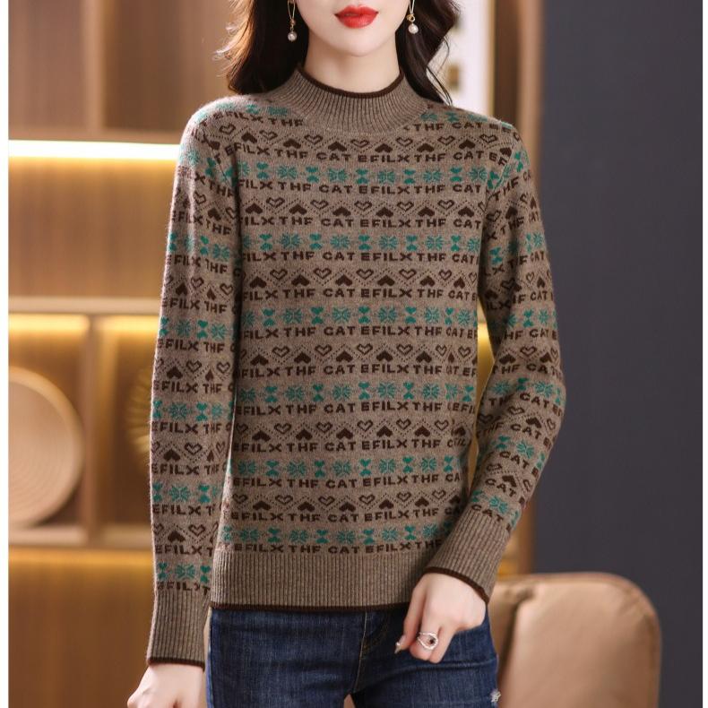 Women's Sweater Autumn and Winter Jacquard Casual Pullover Long-sleeved Loose Half Turtleneck Knitted Sweater