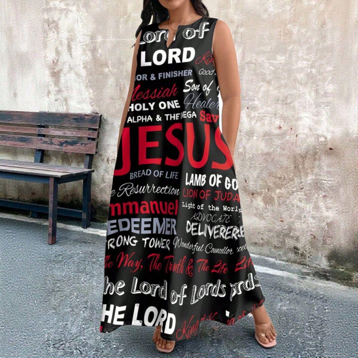 

Women s Summer Plus Size Long Dress Crew Neck Sleeveless Letter Printed Maxi Dress Praty Dress L чёрный