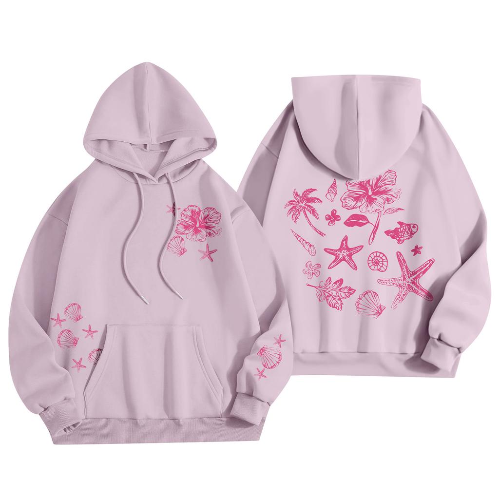 Damenmode Damen Leichter Langarmpullover mit Taschen Preppy Graphic Hoodie