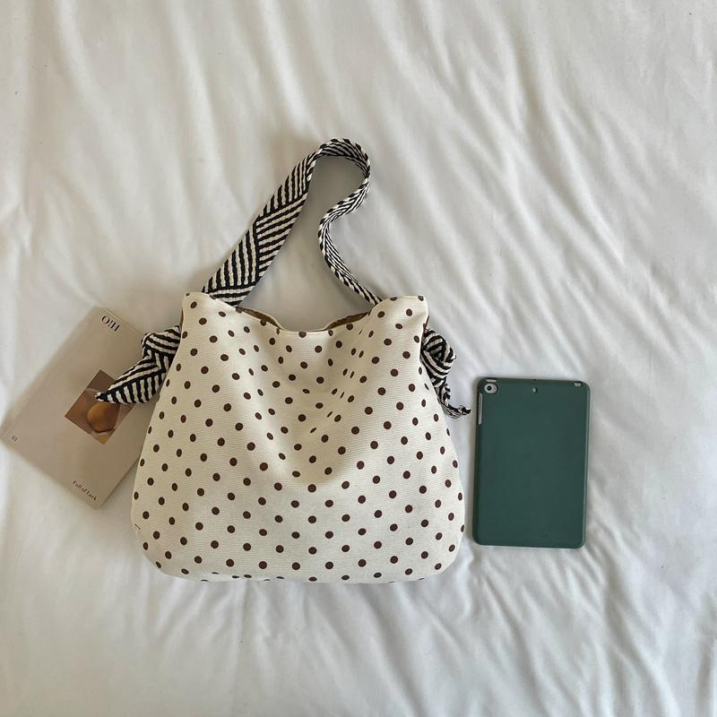 Polka Dot Corduroy Shoulder Bag Casual Hobo Tote with Striped Strap Large Capacity Handbag