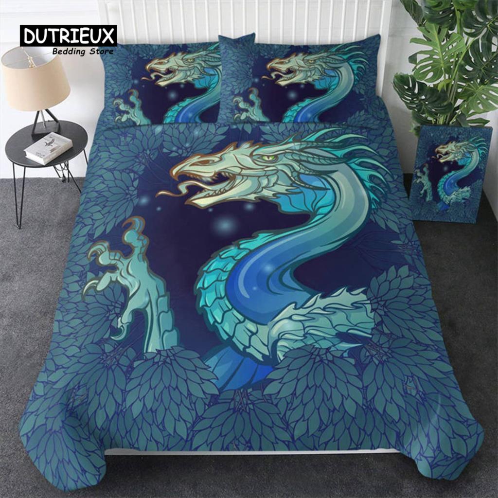3D Dragon Duvet Cover Microfiber Blue Clouds Twin Bedding Set Chinese Historical Eastern Dragon Comforter Cover With Pillowcases