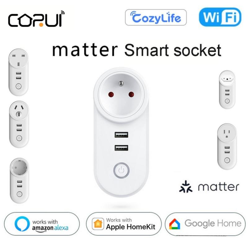 

Corui Matter Wifi Smart Plug Socket Eu US Au Uk Br Fr Power Smart Plug Voice Control Працює з Apple Homekit Alexa Google Home BR Plug