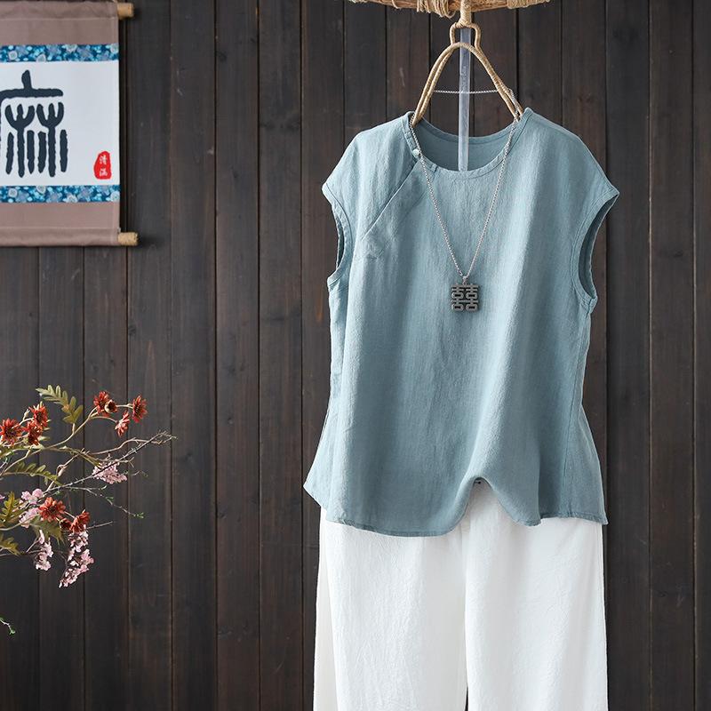 Summer Loose and Slim Round-neck Vest Top Simple Pure Color Cotton and Linen Sleeveless Women’s T-shirts