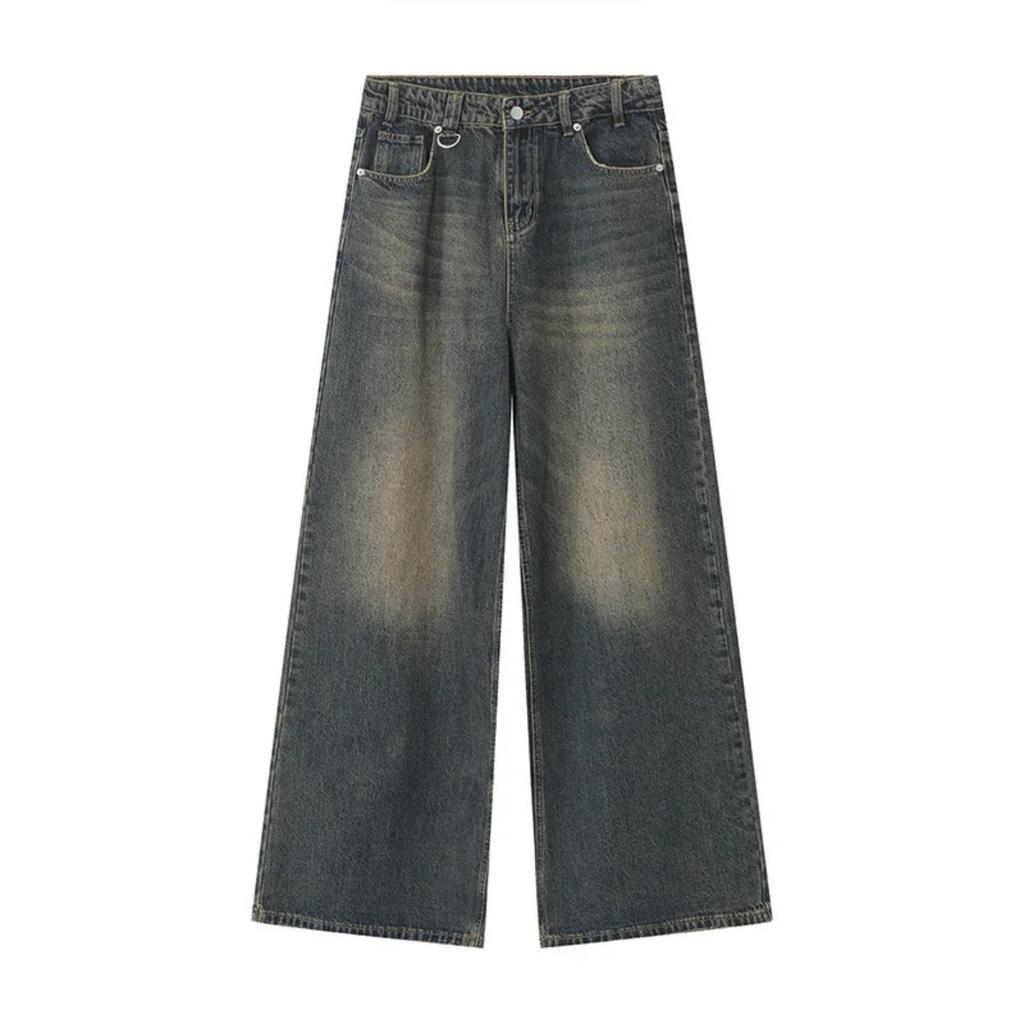 Men's Denim Pants Old Blue Washed Male Jeans Straight Casual Menwear Loose Wide Leg Trousers New Fashion