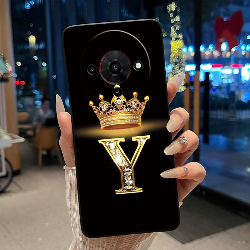 Elegant Simple Crown Initial Letter Case For ZTE Blade A76 5G Soft Silicone Black Case Shockproof Shell ZTE Blade A76 5G Casing