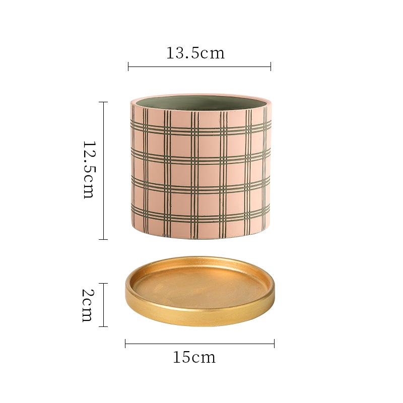 Nordic Stripe Plaid Pattern Ceramic Flower Pot Indoor Vintage Flower Plant Potted with Saucer Vase Living Room Office Flower Pot