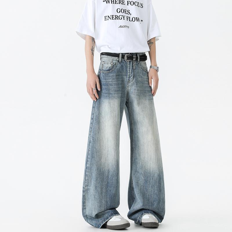 Bent Knife Jeans for Men Spring Water Laundry Vintage Trendy American High Street Bamboo Bun Loose Wide Leg Pants