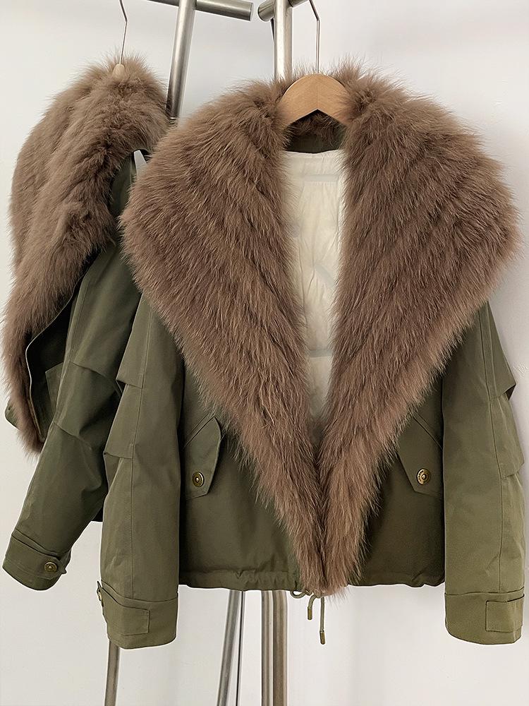 Women's White Duck Down Leather Coat with Fox Fur Collar and Lapel