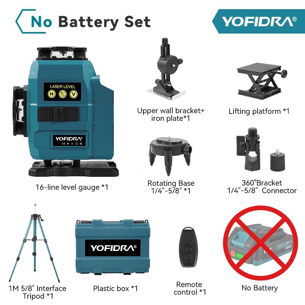 

YOFIDRA 16 линий 4D лазерный уровень автоматический 360 горизонтальный вертикальный самовыравнивающийся ультрамощный зеленый луч для 18 В аккумулятора Without Battery