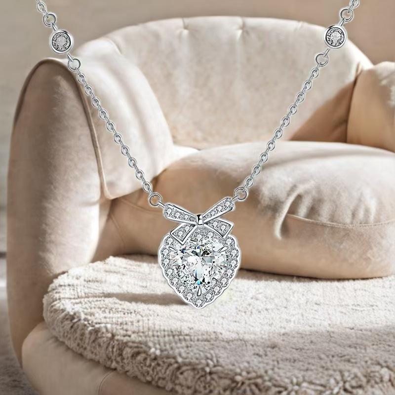 S925 Sterling Silver Bow Tie & Peach Heart Clavicle Necklace - Elegant Women s Pendant 925 Silver