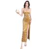 Elegant Velvet Strappy Midi Dress with High Slit and Low-Cut Design