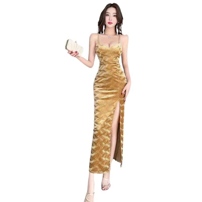 Elegant Velvet Strappy Midi Dress with High Slit and Low-Cut Design