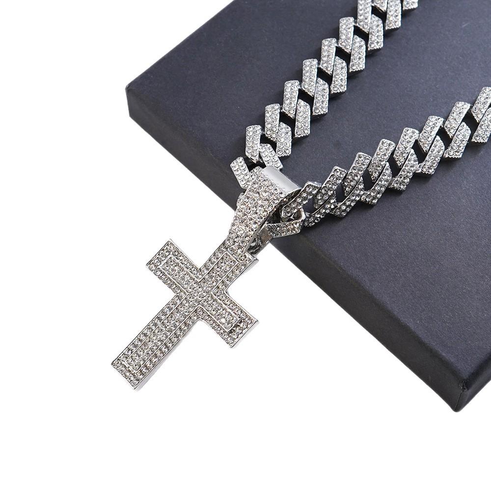 Hip Hop Alloy Full Diamond Cross Pendant Fashion Trend Rap Men's Cuban Chain Necklace Jewelry