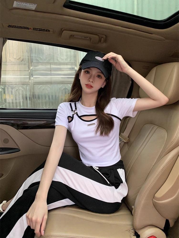 2025 Summer Patchwork Round Neck Plus Size Slimming Hollow Out T-shirt M чёрный