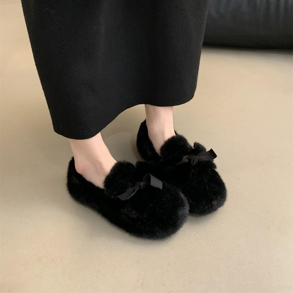 One-pedal Beanie Shoes Women's Winter Velvet Cotton Shoes 2025 New Bow Imitation Mink Hair Shoes Women's Outer Wear