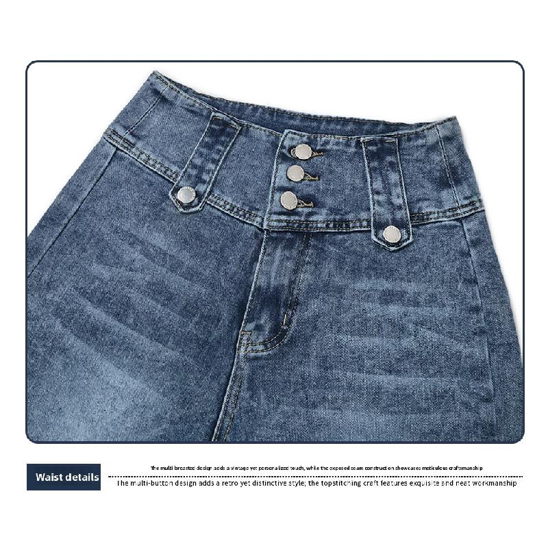 2026 Spring/Summer New Women's Denim Pants with Split Hem, High Waist, Vintage Buttoned Wide-Leg Jeans