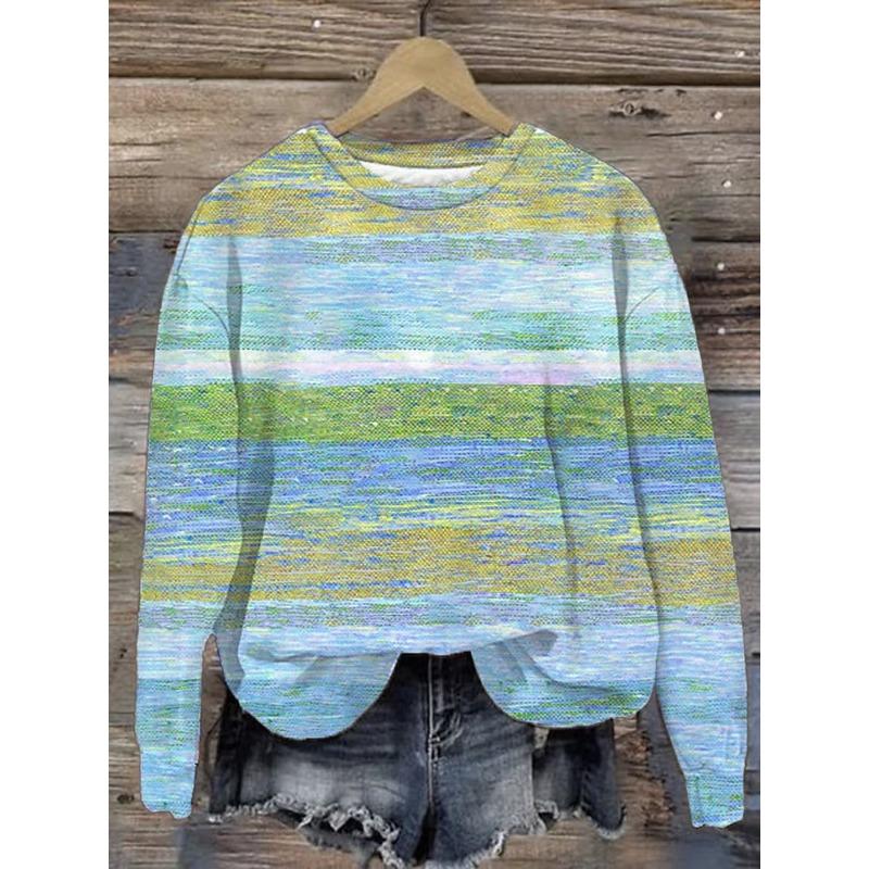 Women's Casual T-shirt 3D Printed stripe prints Round Neck Retro Elegant Long Sleeves Women's Fashion Pullover Long Sleeve Tops
