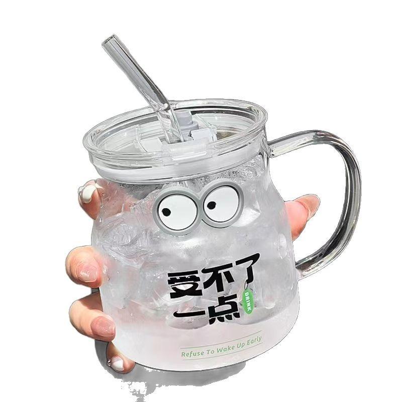 Creative Glass Straw Cup Large Capacity 550ml Cartoon Water Cup Beverage Coffee Cup with Handle Print Cup