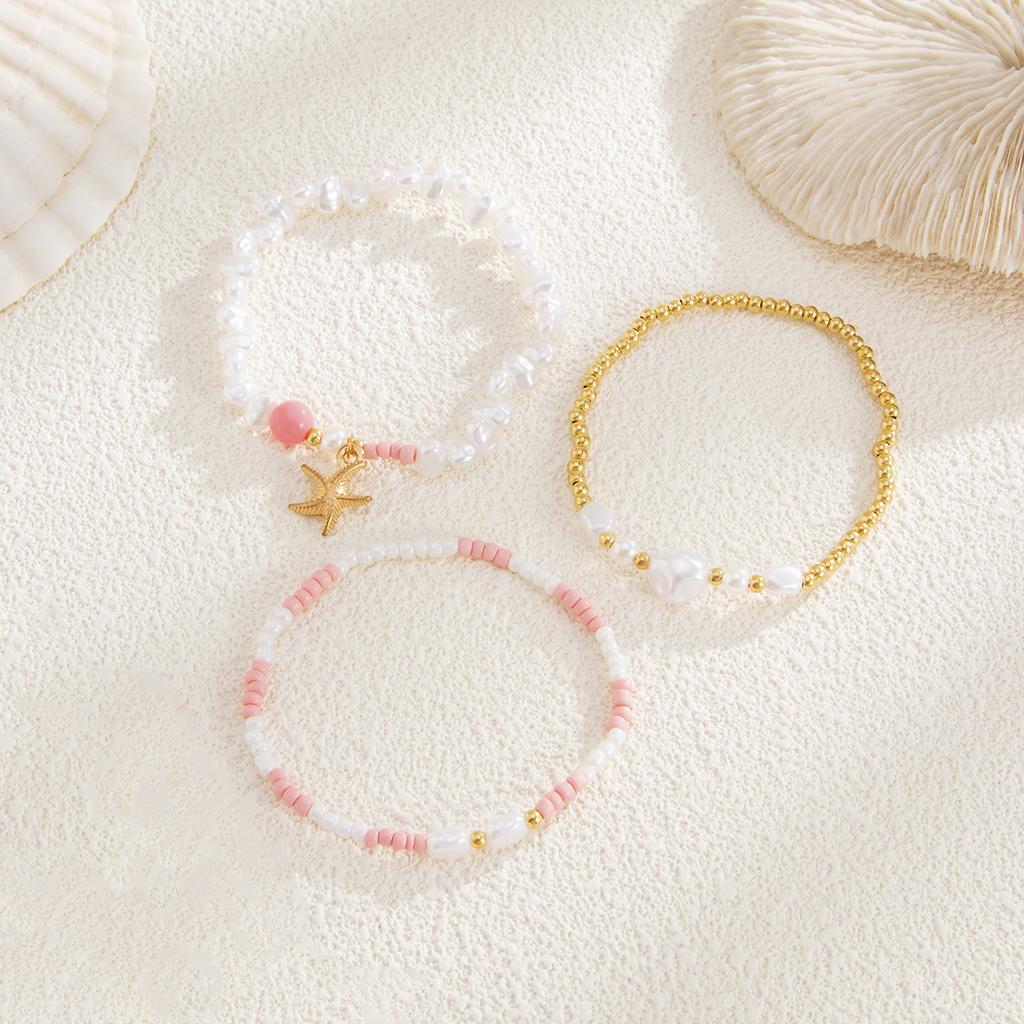 Ocean Wind Starfish Imitation Pearl Bracelet Set, Dopamine Color Rice Bead Beaded Elastic Jewelry