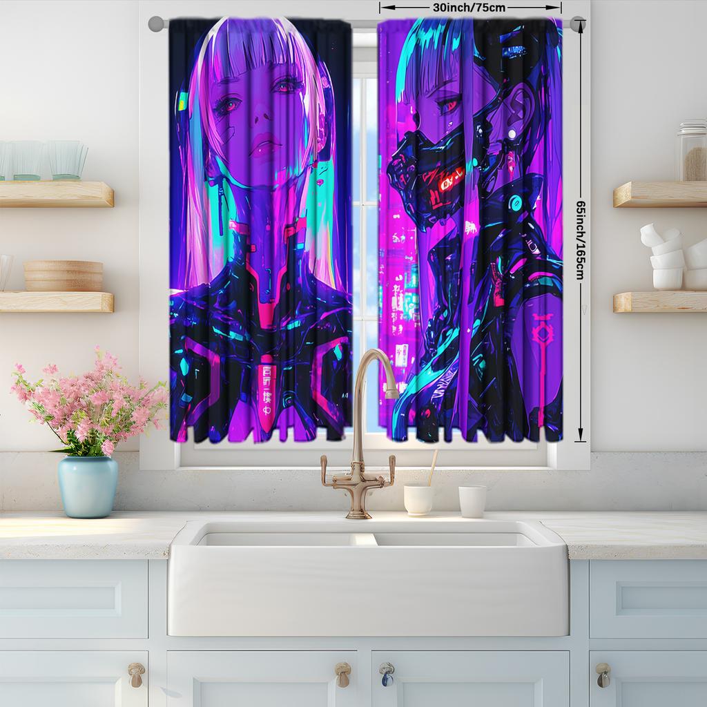 2pcs Cyberpunk Anime Girl Print Curtains – Modern Home Decor for Bedroom   Office   Kitchen   Living Room & Study