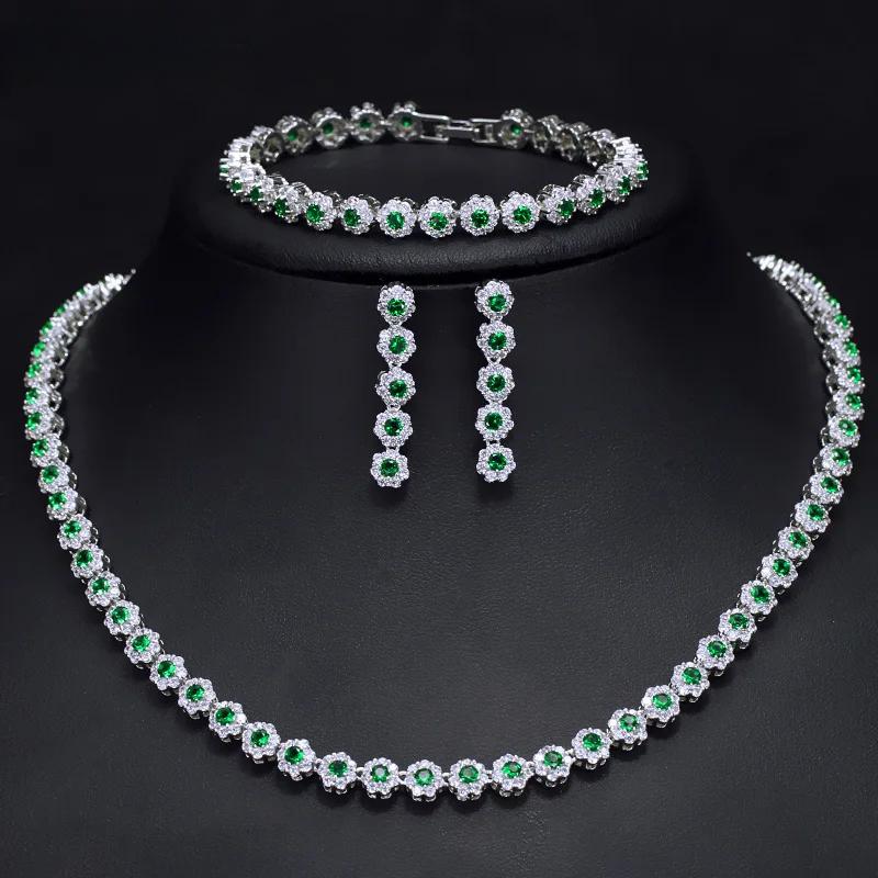 Zircons 3 Pcs CZ Green Crystal Bracelet Necklace and Earrings Sets Luxury Women Wedding Accessories Bride Jewelry Set T030