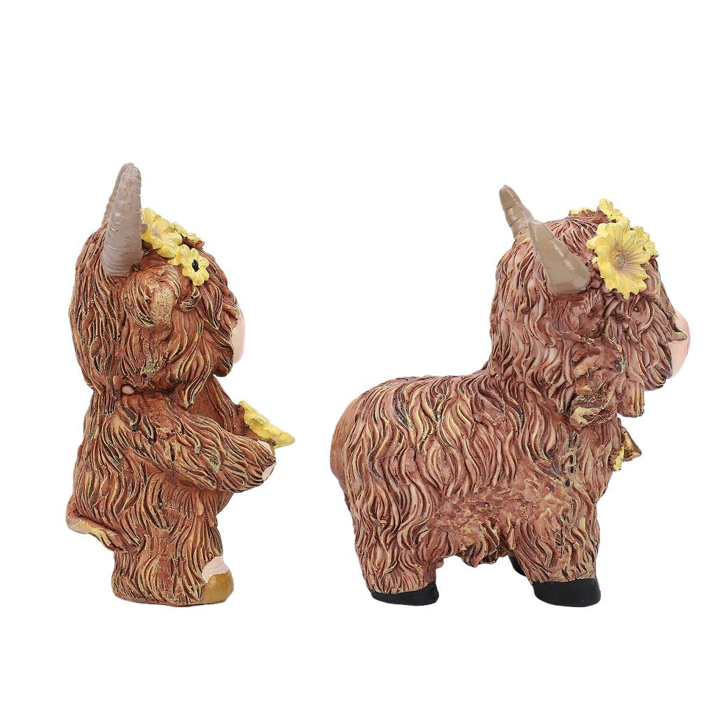 Flower Highland Cow Statue Cute Small Animal Figurines for Home Garden Kitchen Office