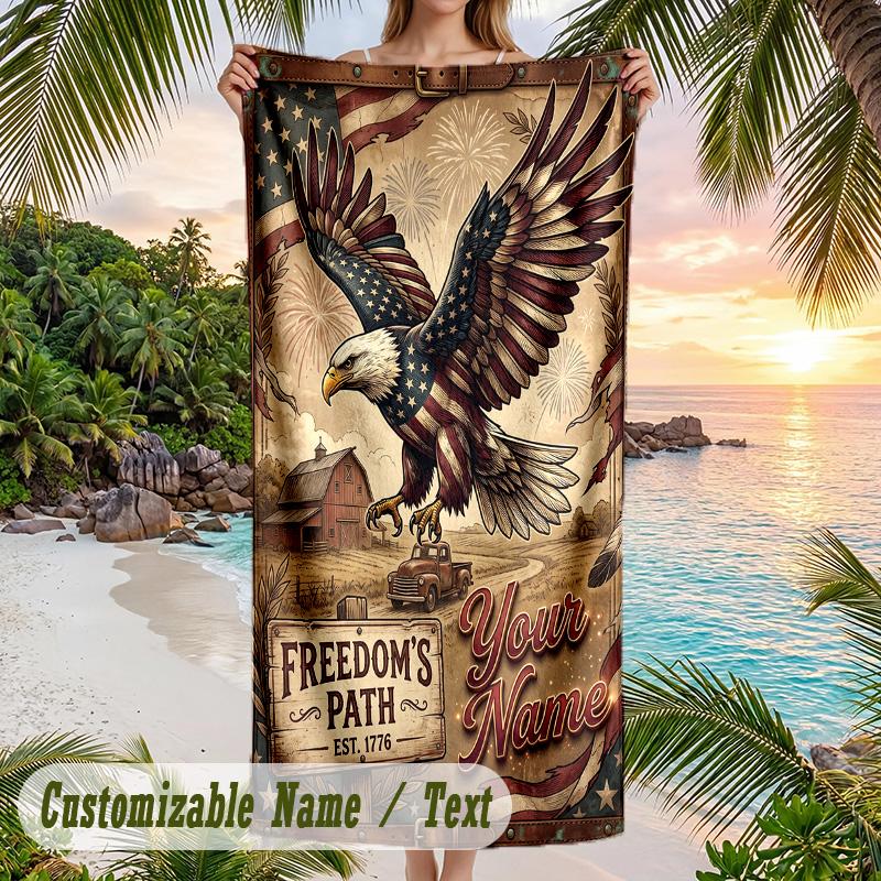 American Patriotic Theme Beach Towel Personalized Custom Name & Text Soft Quick Dry Beach Towel for Swimming Travel