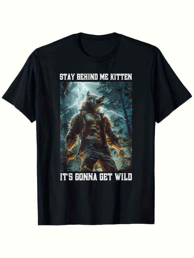 Embarrassing Werewolf Kitten Pattern Tshirt  Humorous Kitten Left Behind Me Design Black Tshirt with Geometric Stickers S