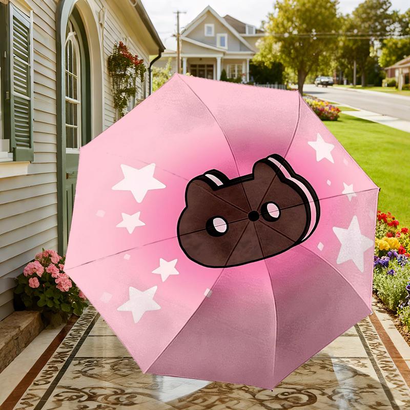 1pc Cookie Cat Automatic Folding Umbrella 8 Rib Iron Frame, Compact Portable Umbrella Suitable for Travel, Daily Use, Birthday, Women & Men Gift 035