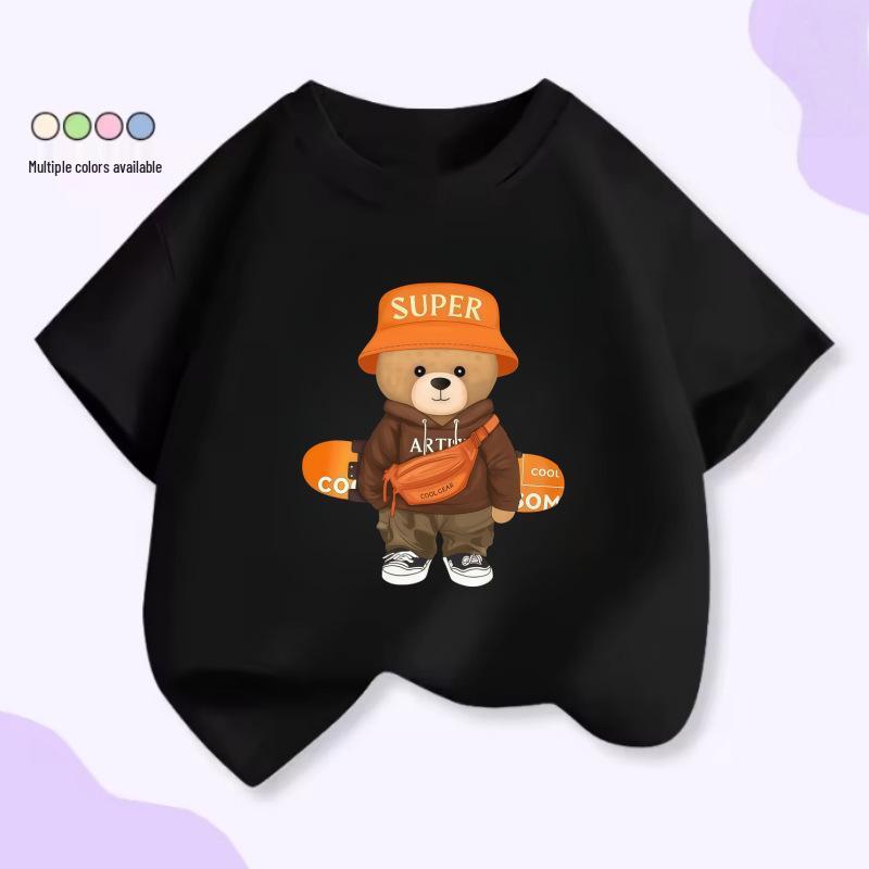 2026 Trendy Cartoon Bear Print Kids Skateboard T-Shirt - Short Sleeve Cotton Top for Boys & Girls