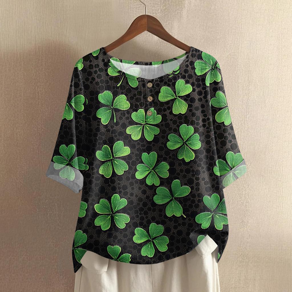 Women's Fashionable And Casual Shirt 3/4 Sleeve Round Neck Print Blouse Top