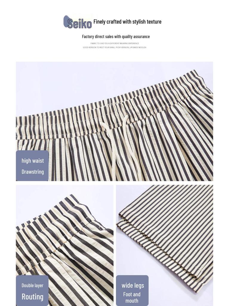 145cm Women's Black & White Striped Wide-Leg Summer Pants - Petite Casual Loose Fit