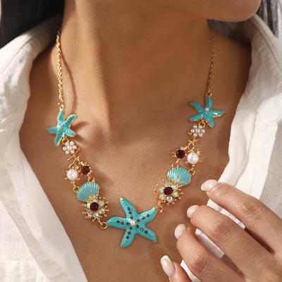 Summer Bohemian Wind Oil Drip Starfish Shell Necklace Beach Vacation Wind Diamond Pearl Collarbone Chain