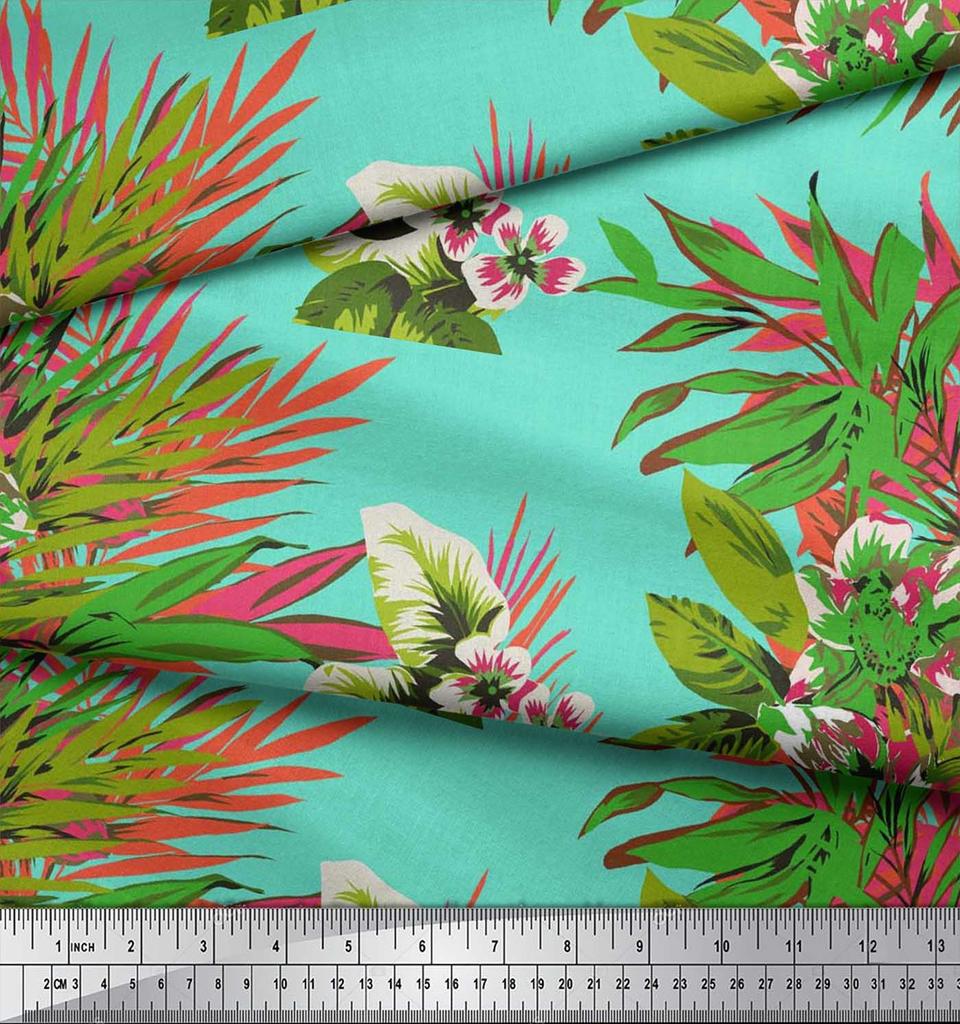 Soimoi Cotton Cambric Fabric Leaves & Lily Flower Print Sewing Fabric Metre 42 Inch