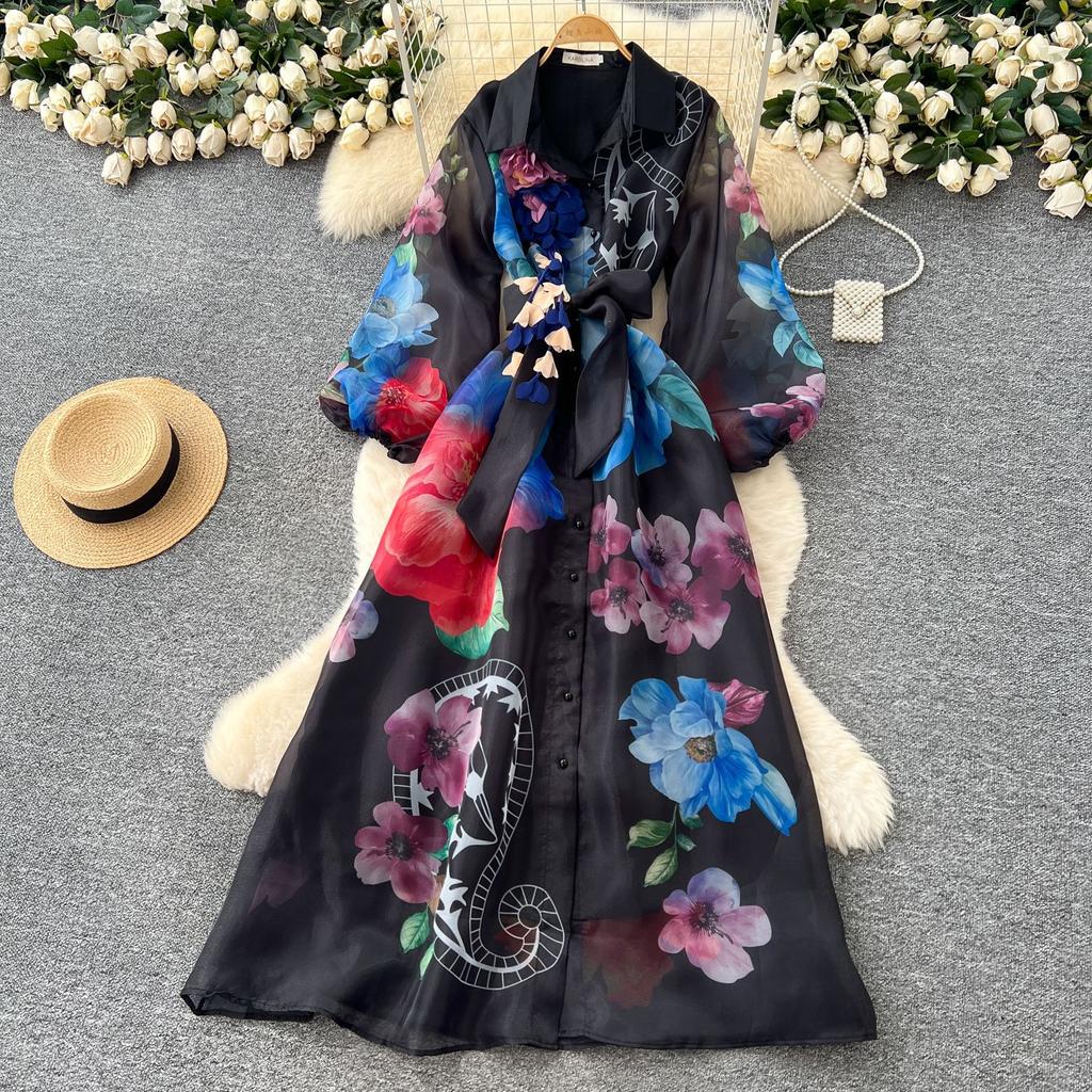 Retro court style printed bubble sleeve dress women's autumn strap waist unique beautiful super fairy long skirt