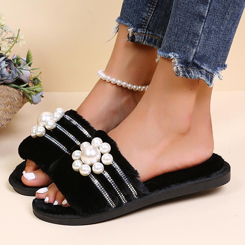 Fashion Fashion Pearl Decor Fur Slippers for Women Winter Warm Flat Indoor Home Slippers Woman Rhinestones Open Toe Plush Slides Sandals