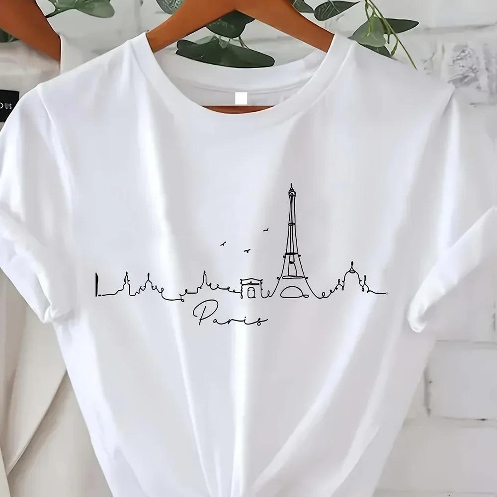 

ZX ТІШКА Вінтажна Елегантна Футболка З Круглим Вирізом З Коротким Рукавом З Принтом Вежі Ейфеля Високоякісний Зручний І Мінімалістичний Жіночий Одяг 2XL