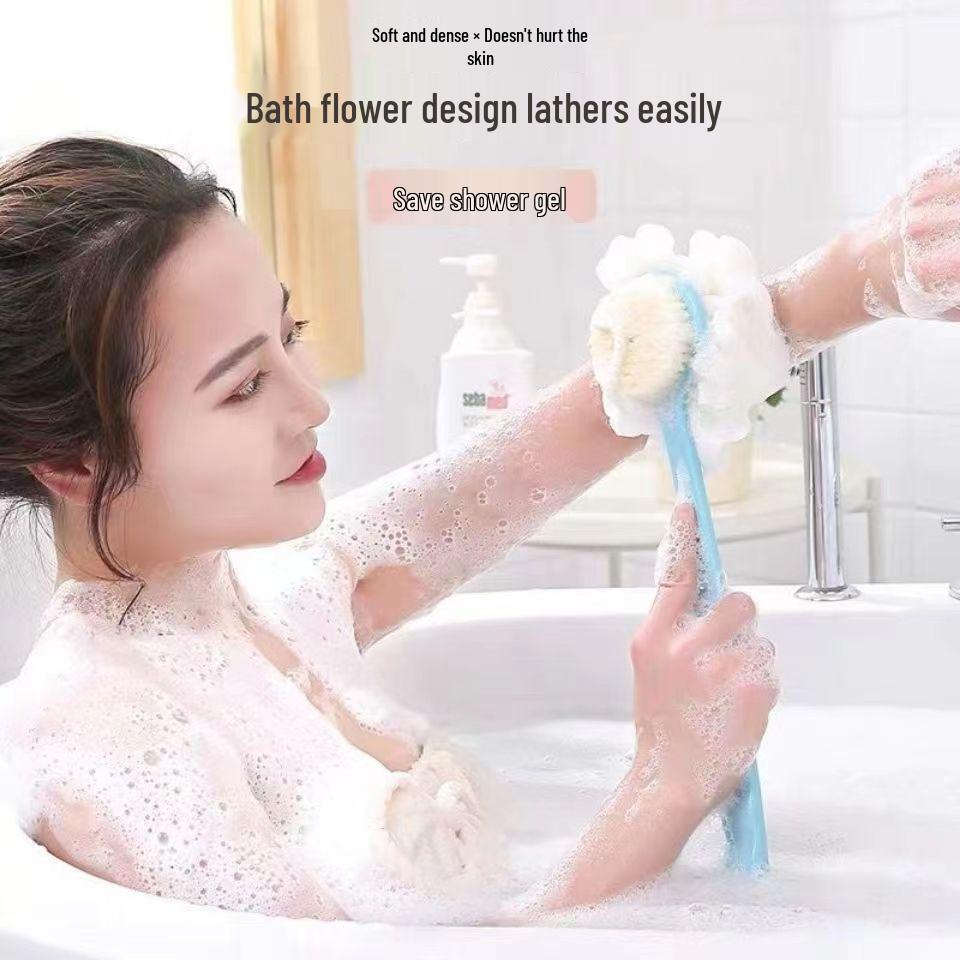 Double-Sided Bath Brush with Long Handle & Soft Bristles, Back Scrubber & Smoother w/Hanging Loop and Bath Ball Accessory.