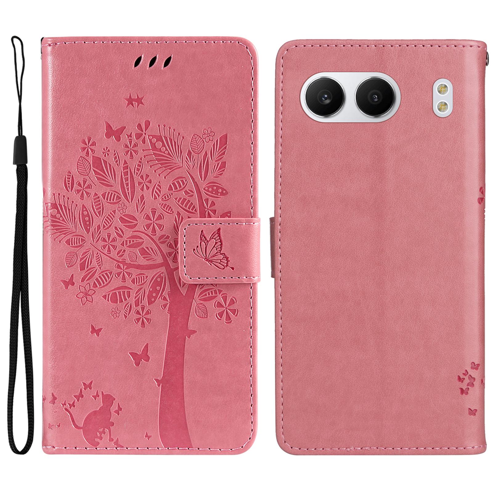 

For OnePlus Nord 4 Phone Case with Stand Cat Tree Pattern Leather Wallet Mobile Cover Pink