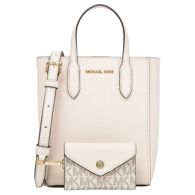 MICHAEL KORS Saffiano VINCENT letter logo gold hardware leather shoulder crossbody tote mini women s cream золотой