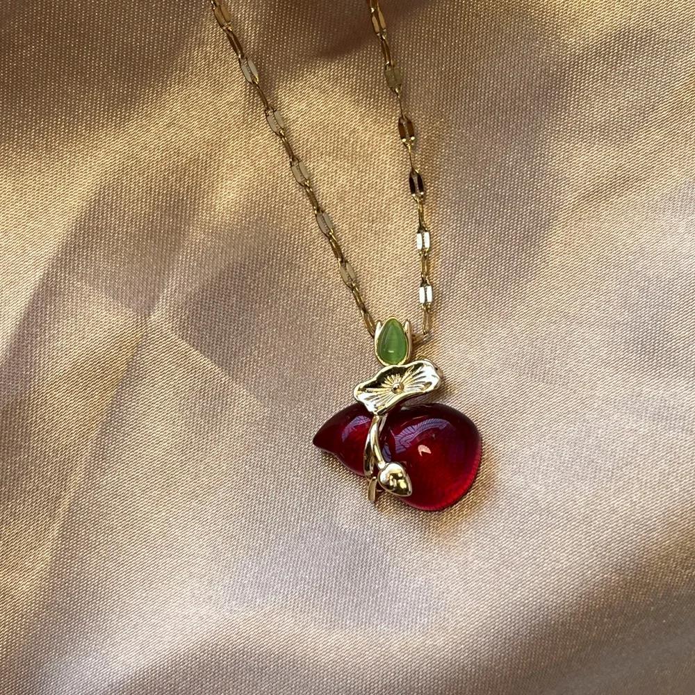 1PC Champagne Crystal Gourd Pendant Gold Plated Copper Necklace Stainless Steel Chain for Women Girl Vacation Party Jewelry Gift