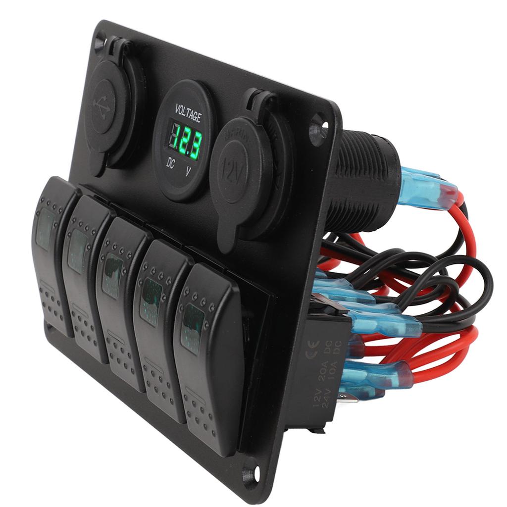 Switch Panel DC 12 to 24V 5 Gang Aluminum Alloy IP65 Water Resistant Prewired Rocker Switch Panel with Dual USB Cigar
