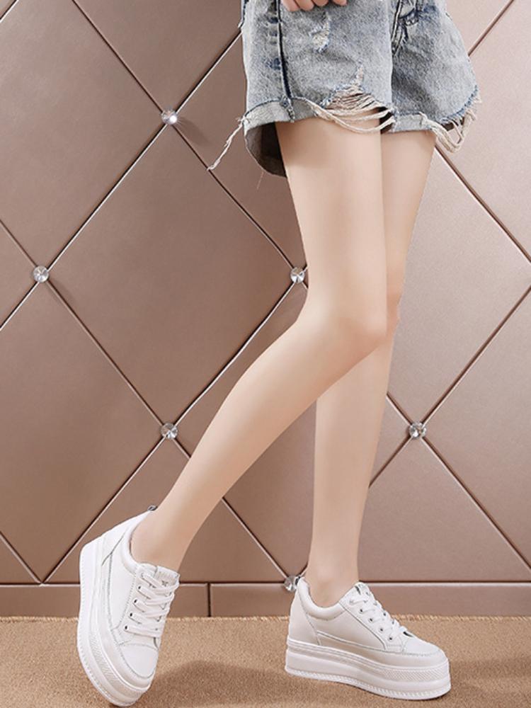8cm Leather Microfiber Women Casual Shoes Platform Wedge Hidden Heel Summer Shoes Platform Chunky Sneakeers Fashion White