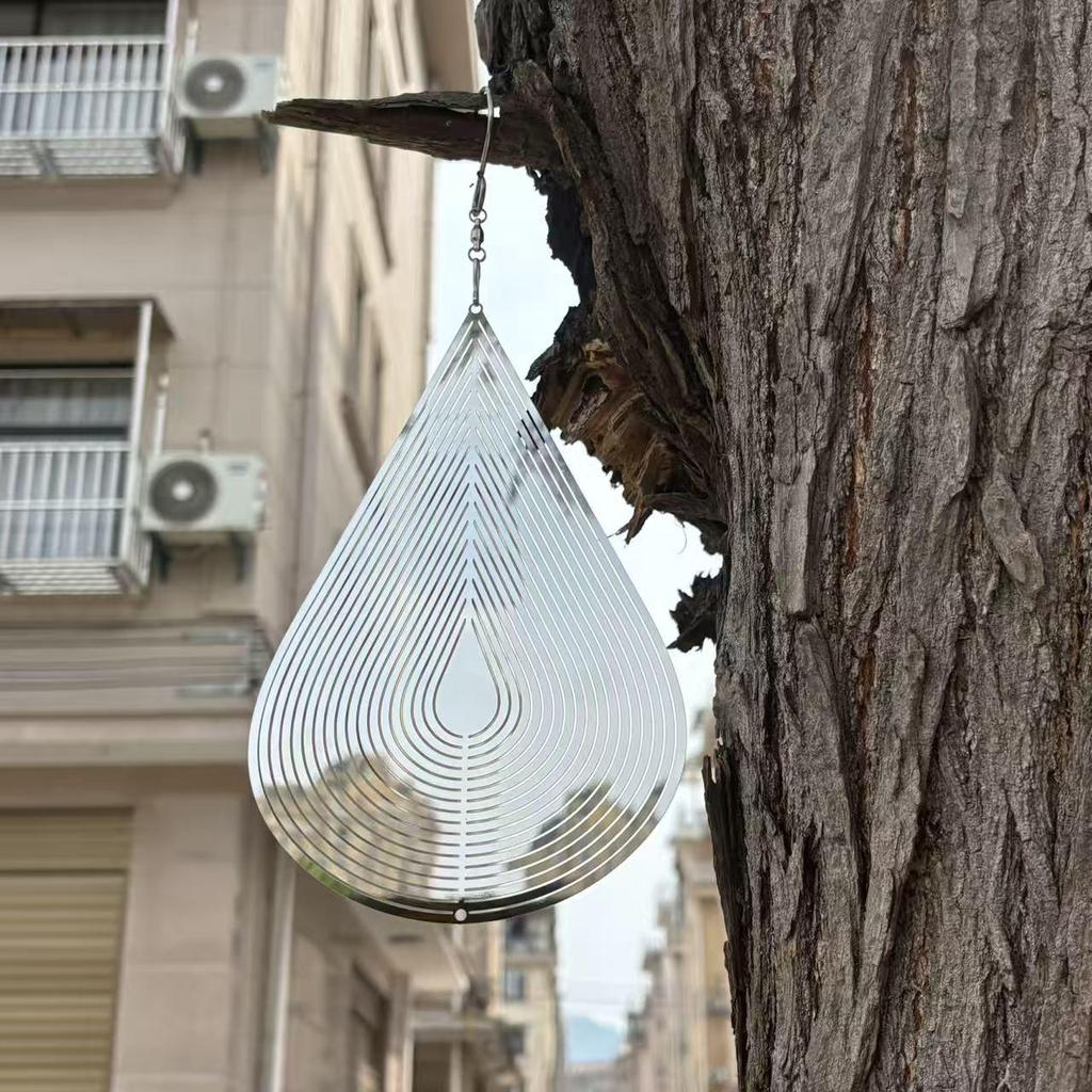 Colorful Silver Stainless Steel Raindrop Wind Spinner - 3D Foldable Ornament for Home and Balcony.