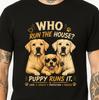 Labrador T-Shirt Who Run The House Puppy Funny Dog Lover Lab Family Graphic Tee.