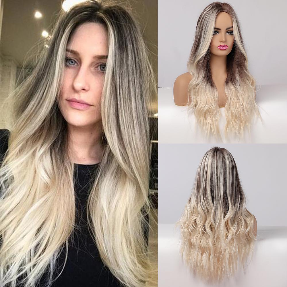 HAIRCUBE White Platinum Mixed Brown Synthetic Wigs Long Wavy Natural Hair Wigs for Women Middle Part Daily Heat Resistant Wigs