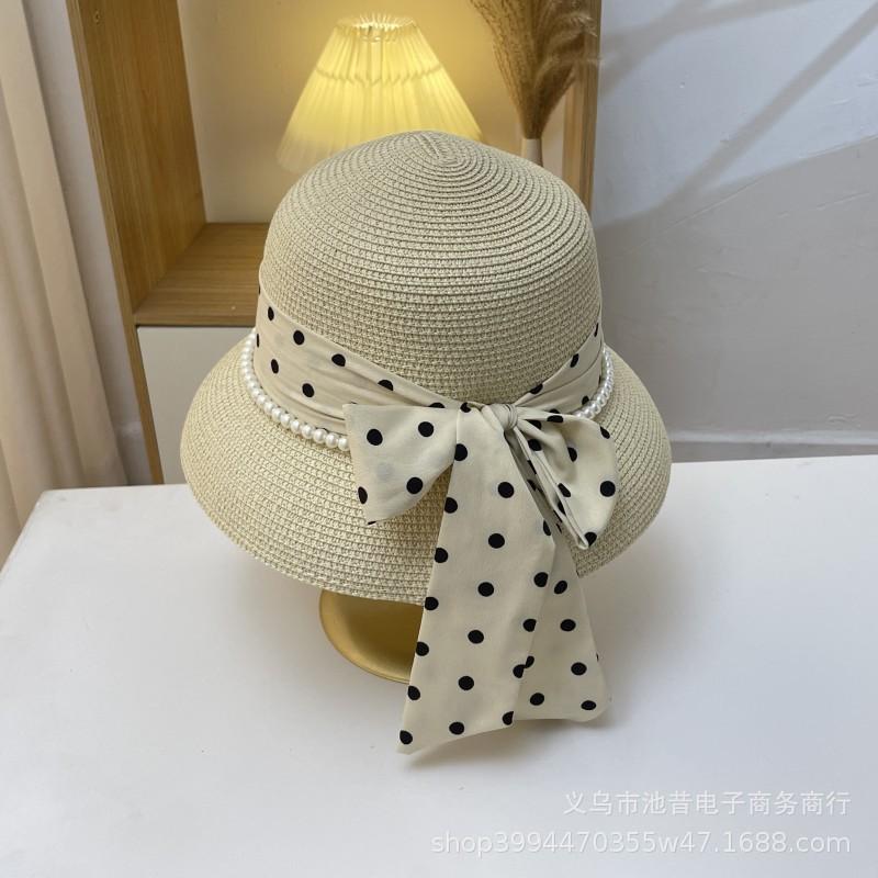 Designer Polka Dot Bow Streamer Pearl Top Hat Women's Atmosphere Seaside Vacation Sun Hat Straw Hat
