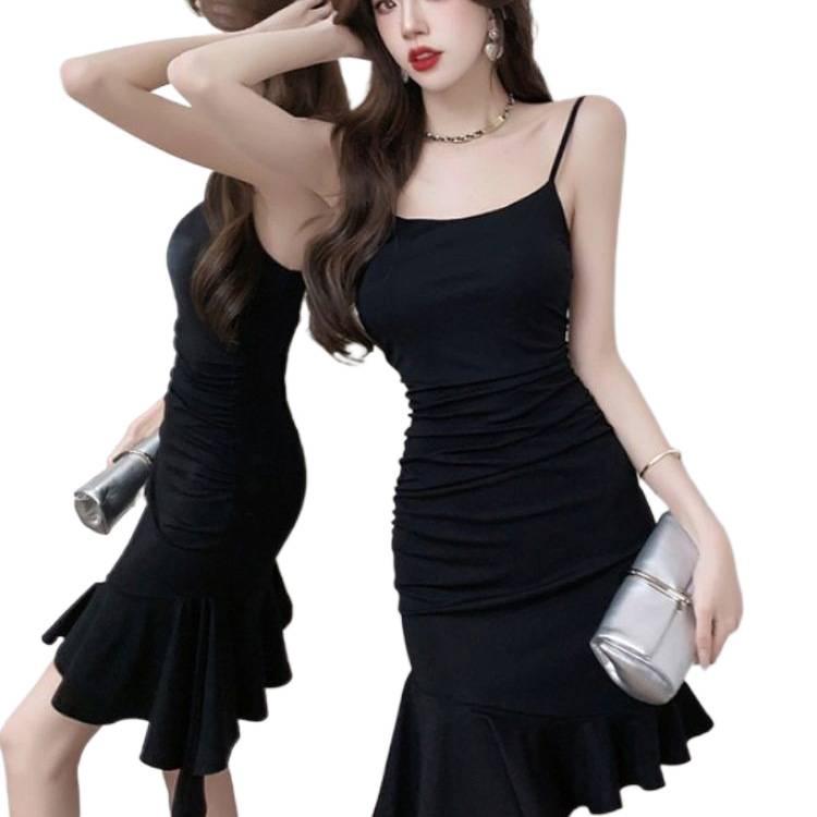 Women's Summer Black Strappy Mini Dress with Waist-Cinching Irregular Fishtail Skirt