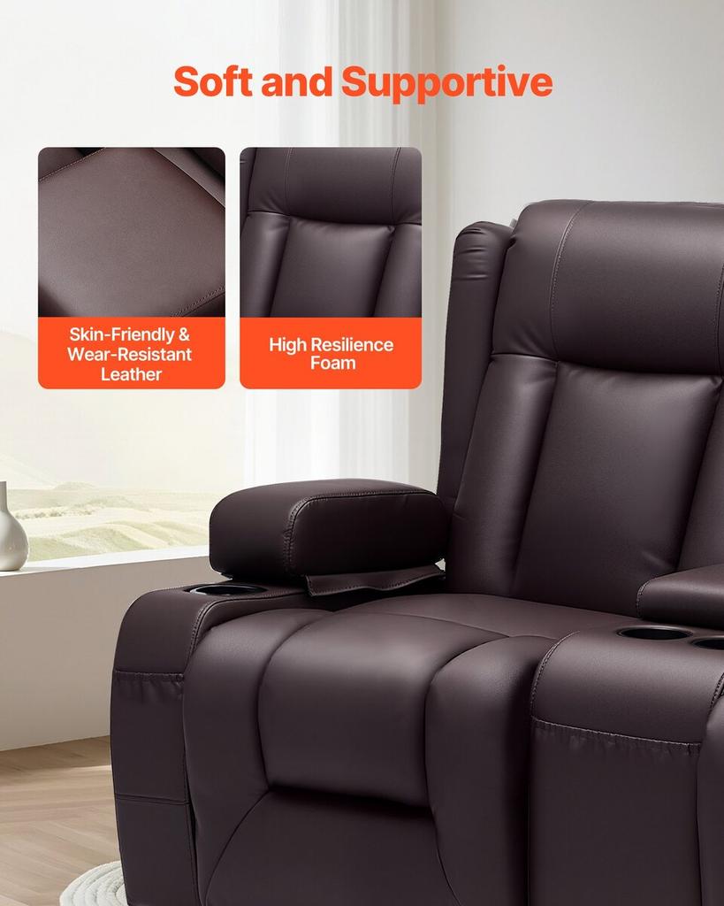 Loveseat Recliner Sofa, Manual Reclining Couch with Center Console, PU Faux Leather Recliner Sofa with USB Ports, Cup Holders and Storage Bags, Dual